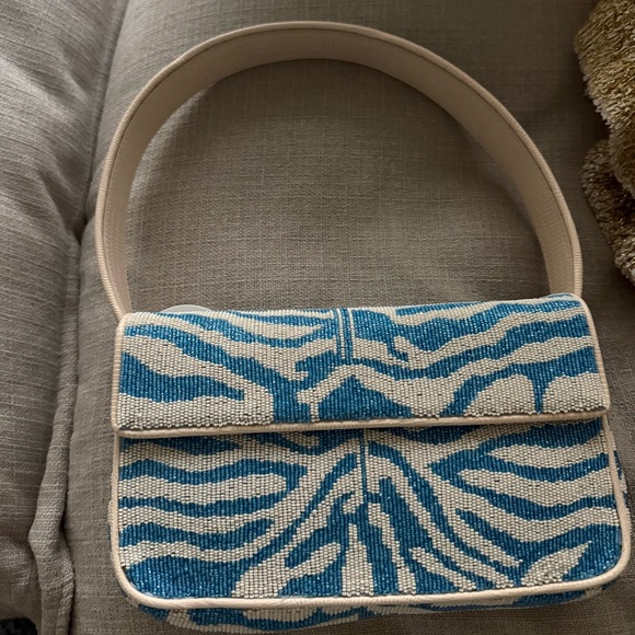 STAUD Handbags - STAUD Zebra Pattern Blue and Cream Beaded Shoulder Bag